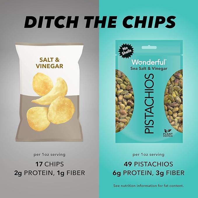 Wonderful Pistachios No Shells, Sea Salt & Vinegar Nuts, 0.75 Ounce Bags (Pack of 14), Protein Snacks, Salty Snacks, On-the-Go, Individually Wrapped Healthy Snacks for Adults