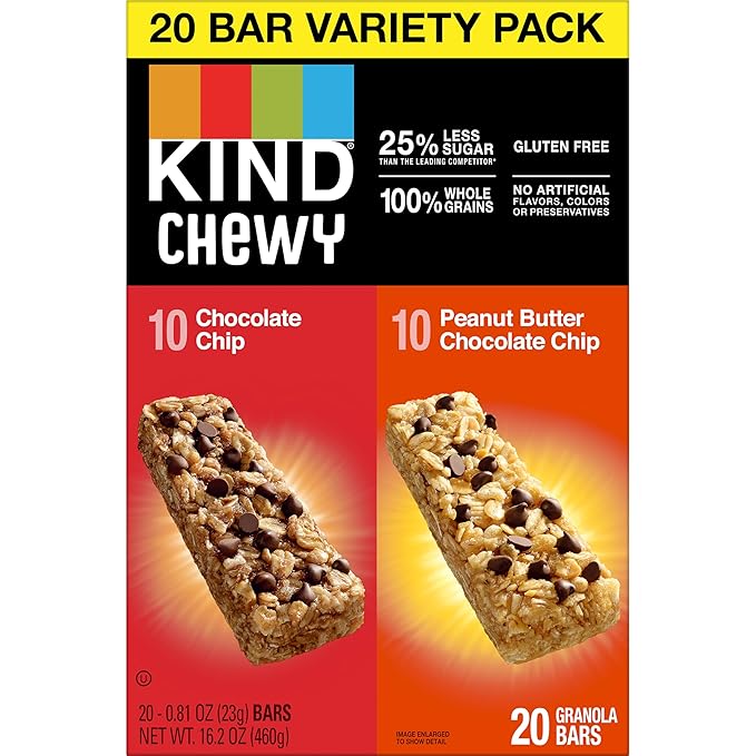 Kind Kids Chewy Granola Bars, Chocolate Chip And Peanut Butter Chocolate Chip, Variety Pack, 100% Whole Grains, Gluten Free Bars, 0.81 Oz (20 Count)