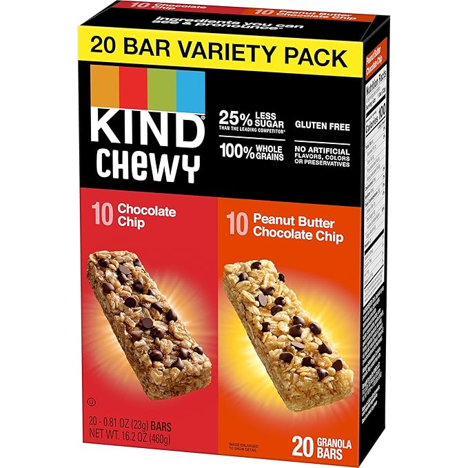 Kind Kids Chewy Granola Bars, Chocolate Chip And Peanut Butter Chocolate Chip, Variety Pack, 100% Whole Grains, Gluten Free Bars, 0.81 Oz (20 Count)