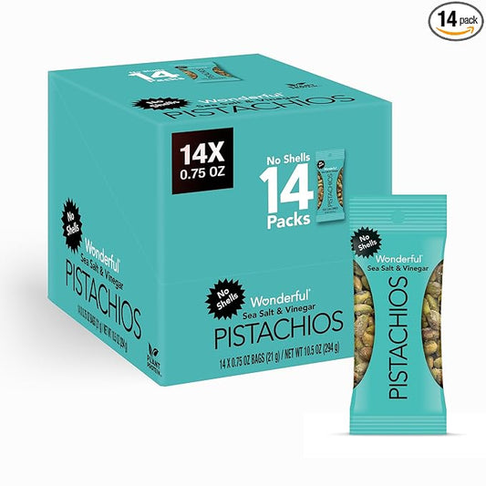 Wonderful Pistachios No Shells, Sea Salt & Vinegar Nuts, 0.75 Ounce Bags (Pack of 14), Protein Snacks, Salty Snacks, On-the-Go, Individually Wrapped Healthy Snacks for Adults