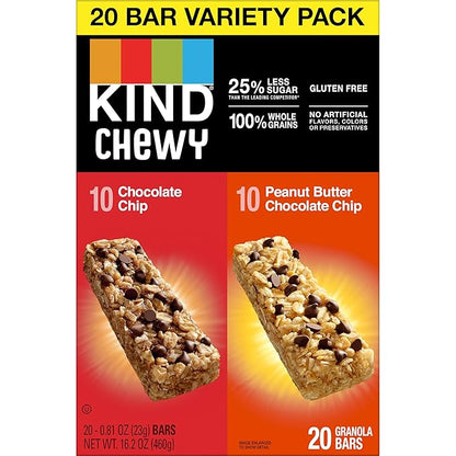 Kind Kids Chewy Granola Bars, Chocolate Chip And Peanut Butter Chocolate Chip, Variety Pack, 100% Whole Grains, Gluten Free Bars, 0.81 Oz (20 Count)