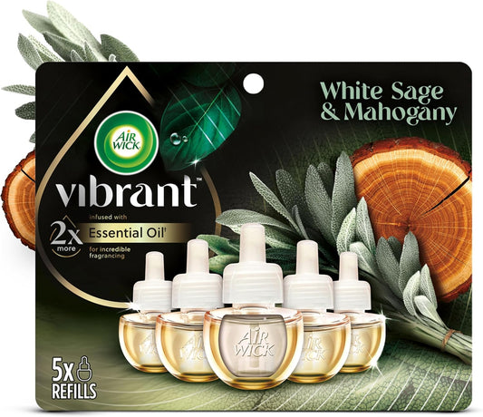 Air Wick Plug in Scented Oil Refill, 5ct, White Sage & Mahogany, Air Freshener, Essential Oils